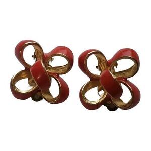 Vintage Gay Boyer Red Enamel Ribbon Bow Clip On Earrings Gold Tone Signed Retro